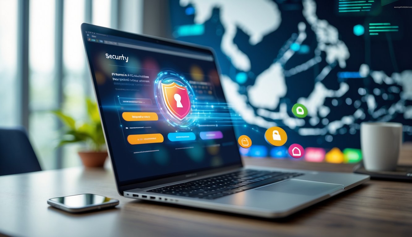 Sebuah ruang kerja modern dengan laptop yang menampilkan antarmuka lotere online dan simbol keamanan seperti gembok dan perisai, dengan latar belakang motif budaya Indonesia.