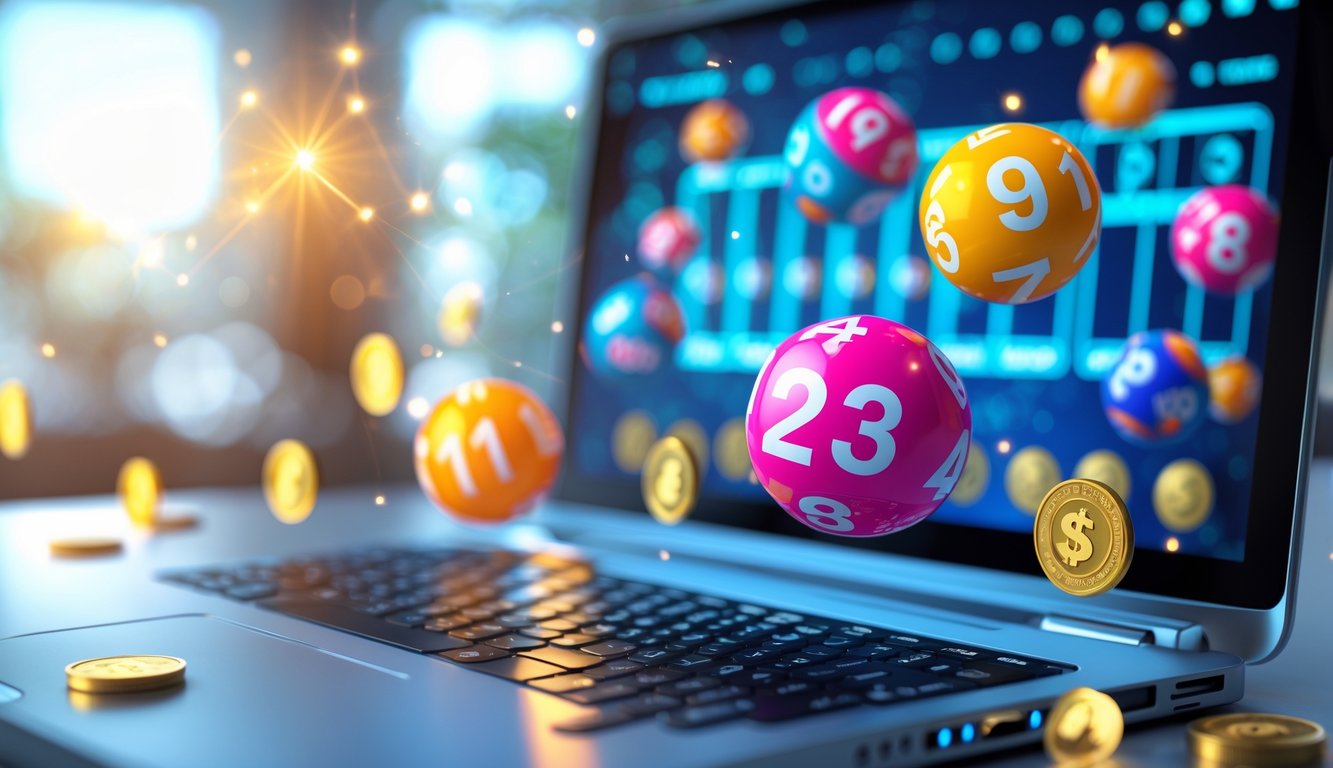 Layar komputer menampilkan bola lotere berwarna-warni dengan angka, dikelilingi elemen digital yang menunjukkan koneksi online dan uang.