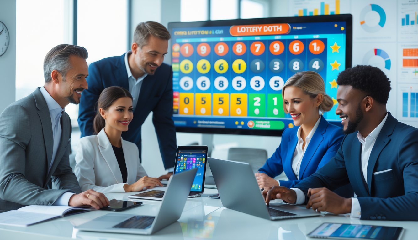 Sekelompok orang profesional sedang bekerja bersama di kantor modern dengan layar digital menampilkan angka togel secara langsung.