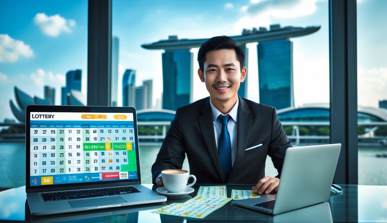 Seorang pria bisnis Asia duduk di meja kantor dengan tiket lotre dan laptop, latar belakang kota Singapura terlihat melalui jendela besar.