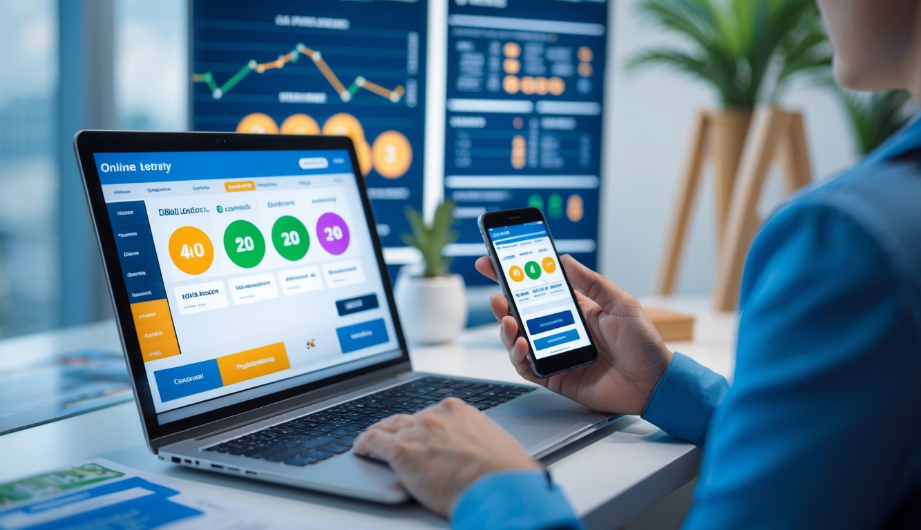 Seseorang menggunakan laptop dan ponsel untuk mengakses situs agen togel dengan tampilan data diskon dan promosi.