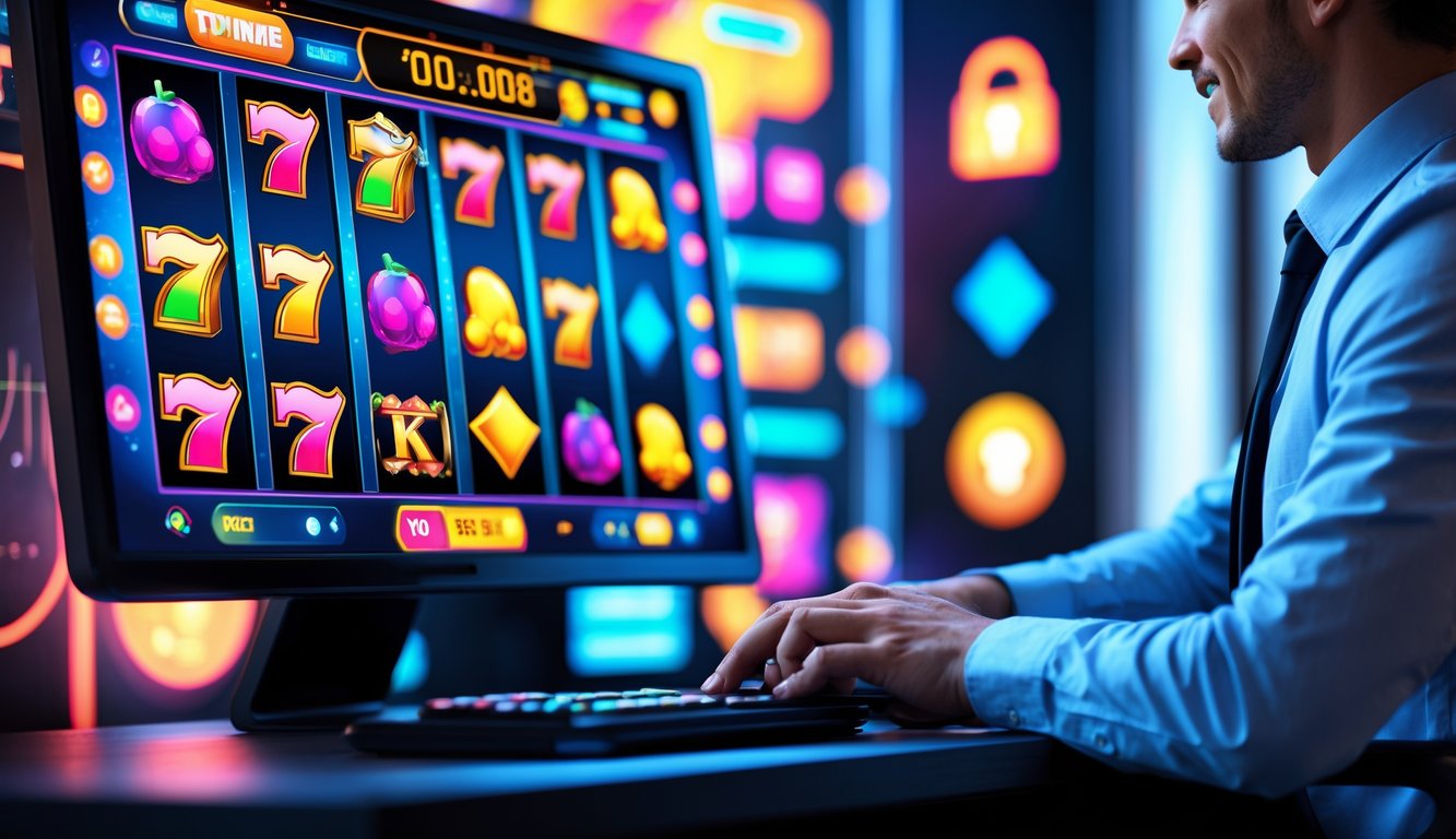 Seorang pria menggunakan komputer dengan tampilan permainan slot online berwarna-warni di layar dalam ruangan kerja yang modern dan terang.