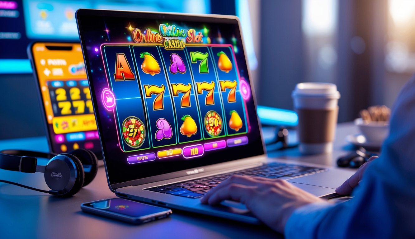 Sebuah laptop menampilkan permainan mesin slot online dengan simbol warna-warni di layar, di atas meja kerja yang rapi dengan beberapa aksesori seperti ponsel dan cangkir kopi.
