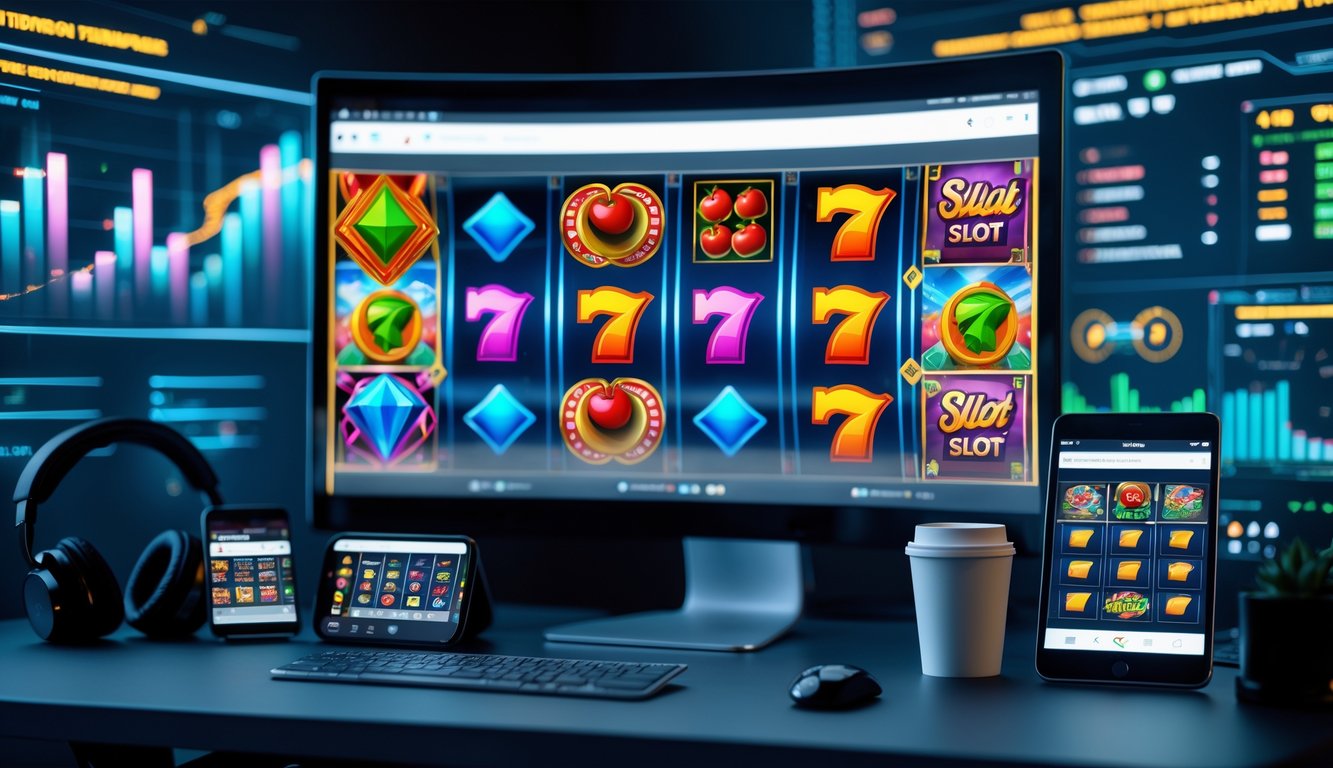 Meja kerja modern dengan monitor besar menampilkan permainan slot online berwarna-warni dan perangkat digital di sekitarnya.