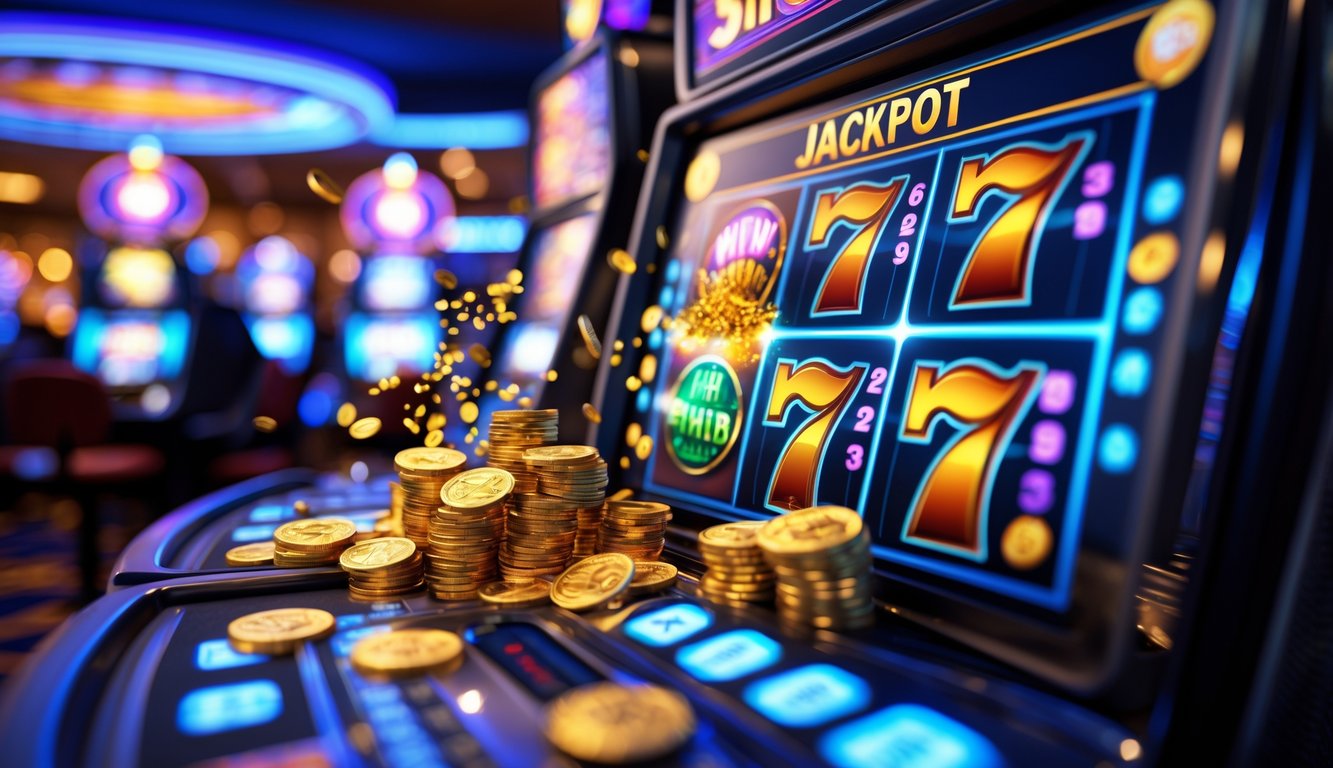 Layar mesin slot digital dengan koin emas berkilauan dan suasana kasino yang meriah menunjukkan kemenangan jackpot terbesar.