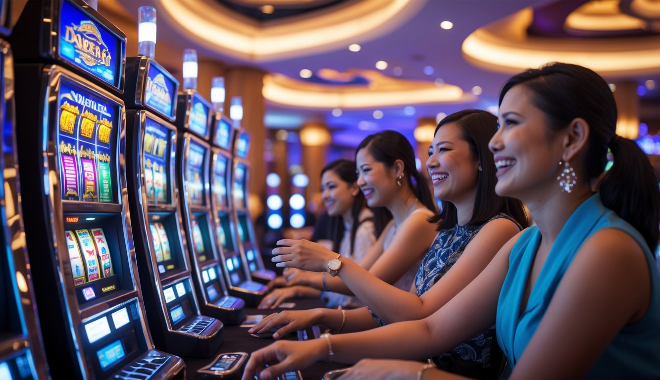 Orang-orang bermain mesin slot di kasino modern dengan lampu warna-warni dan dekorasi bergaya Indonesia.