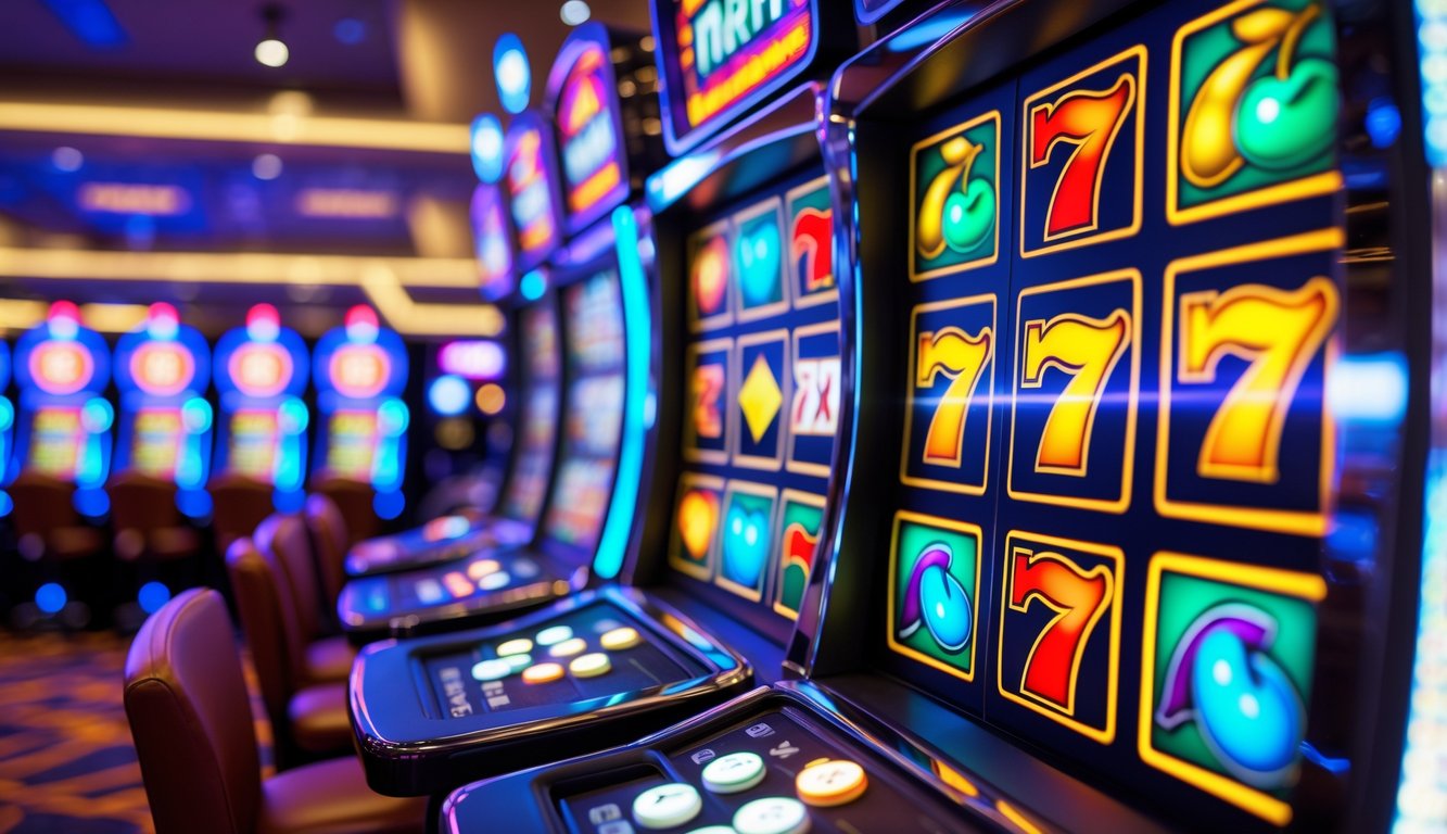 Mesin slot modern dengan gulungan berwarna-warni yang sedang berputar di dalam kasino.