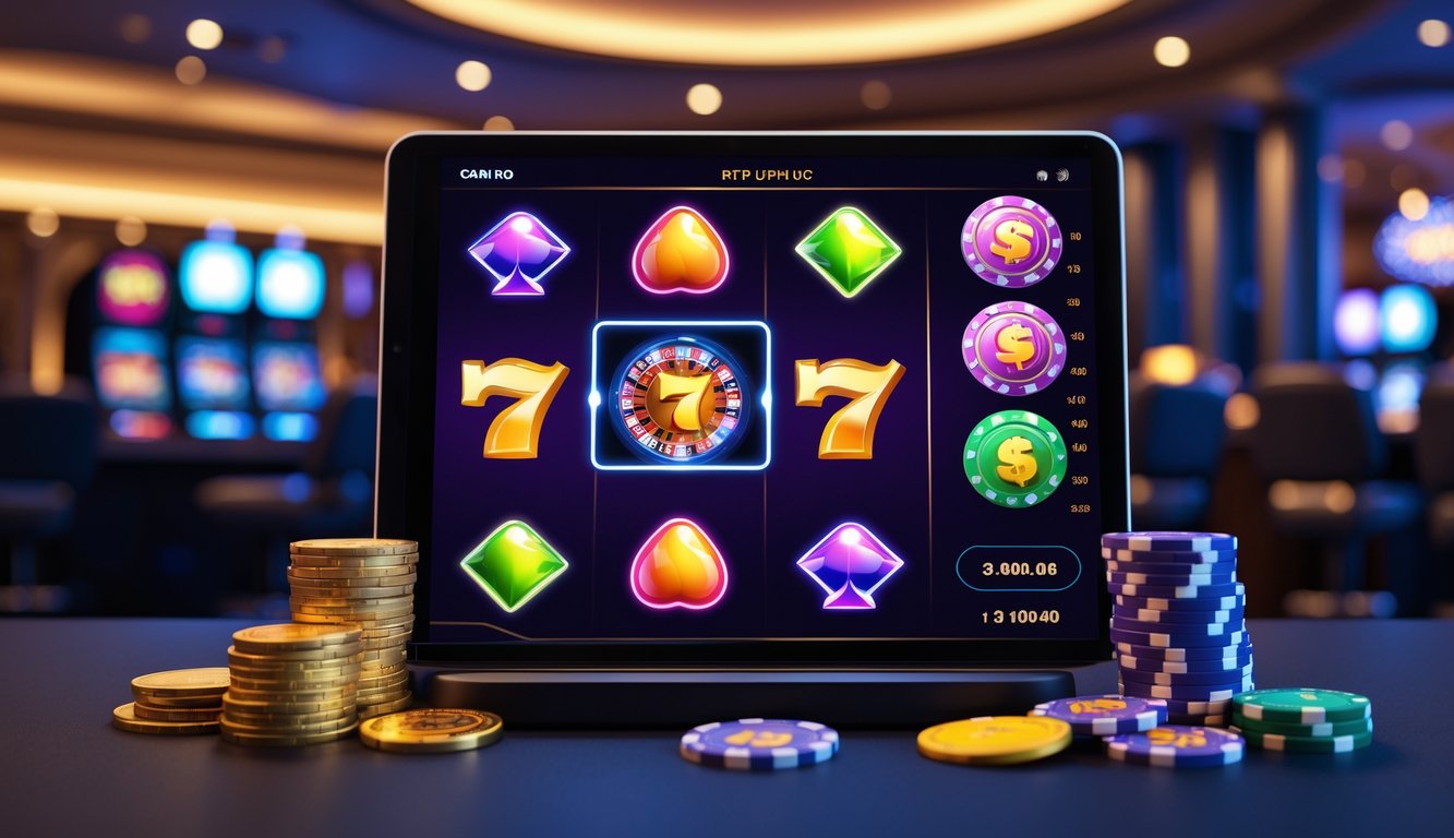 Seorang pengguna sedang bermain mesin slot online di layar komputer dengan simbol-simbol permainan yang berwarna-warni dan suasana kasino modern di latar belakang.