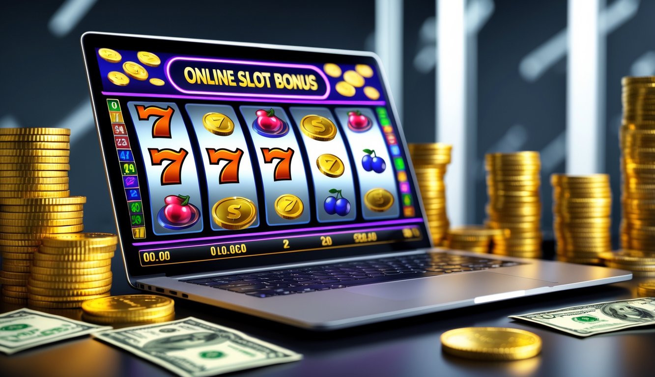 Sebuah komputer dengan layar menampilkan mesin slot online yang berwarna-warni, dikelilingi oleh koin emas dan chip kasino.