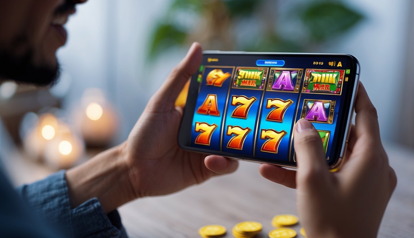 Seseorang memegang ponsel yang menampilkan permainan slot online dengan latar belakang ruangan yang nyaman.