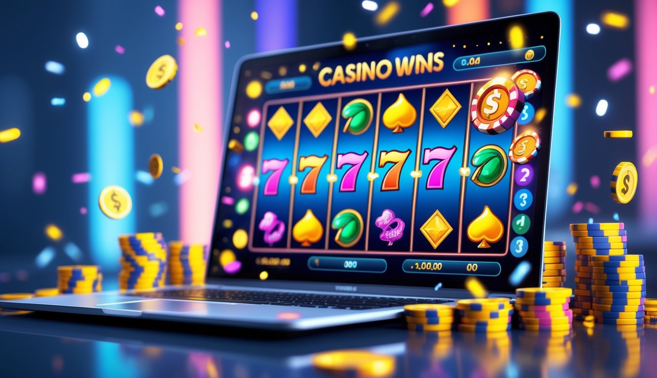 Layar laptop menampilkan permainan slot online dengan gulungan berwarna-warni dan tumpukan chip poker di sekitarnya.