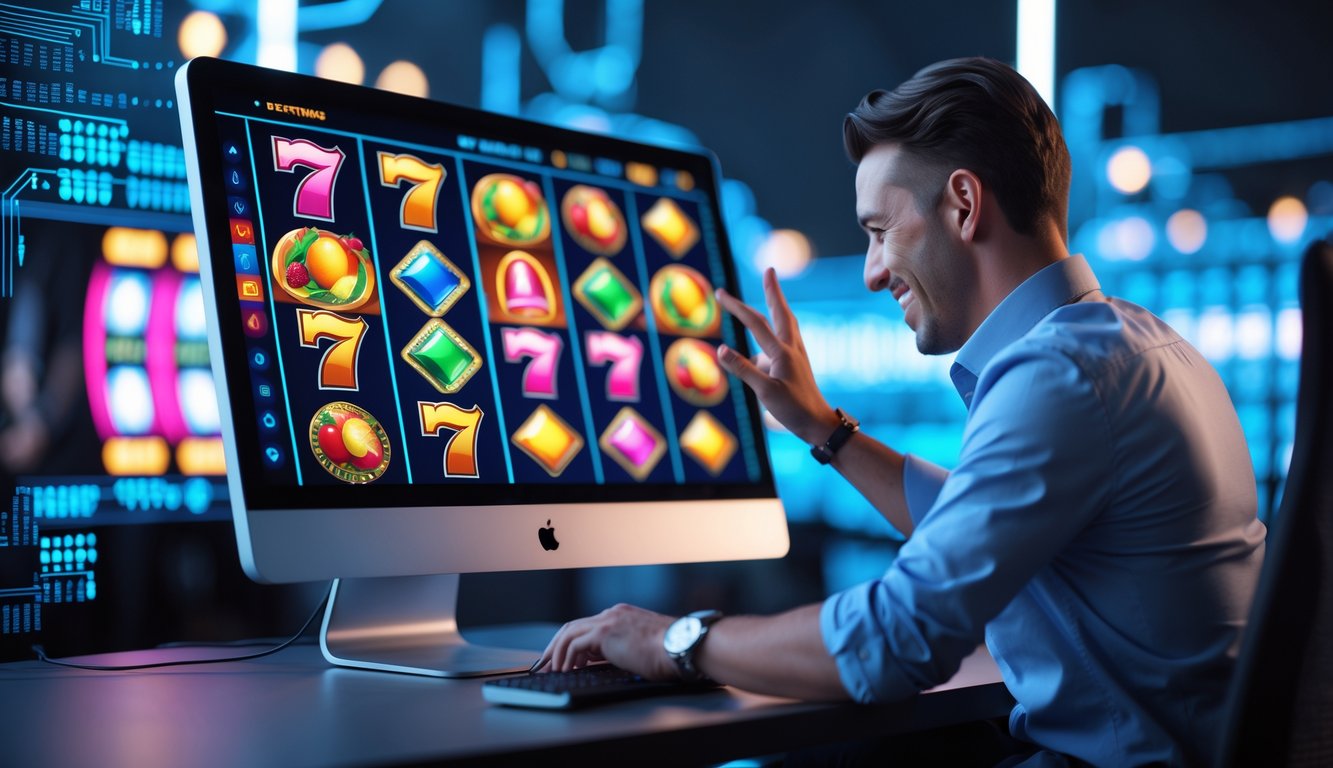 Orang sedang menggunakan komputer dengan tampilan permainan slot berwarna-warni di layar dalam lingkungan kerja modern.