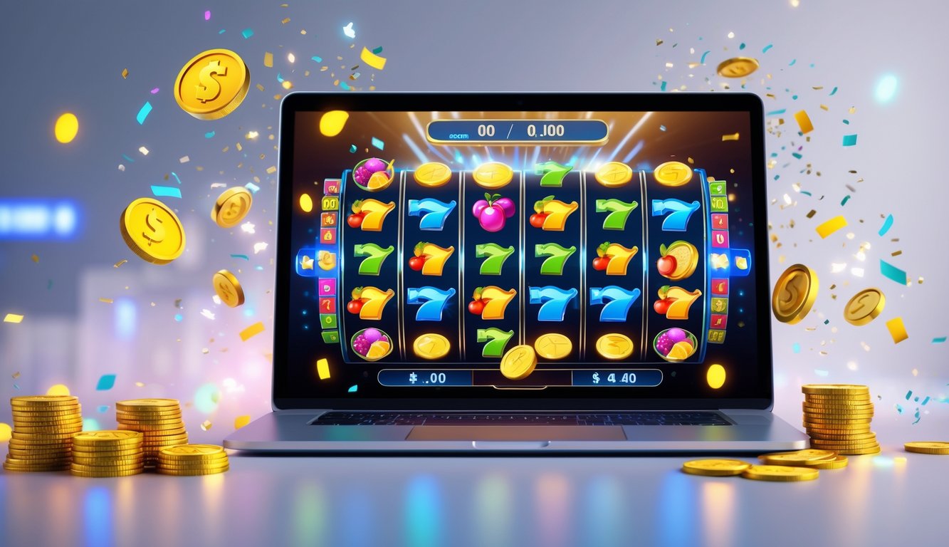 Layar komputer menampilkan permainan mesin slot online dengan simbol warna-warni dan efek cahaya yang menarik.
