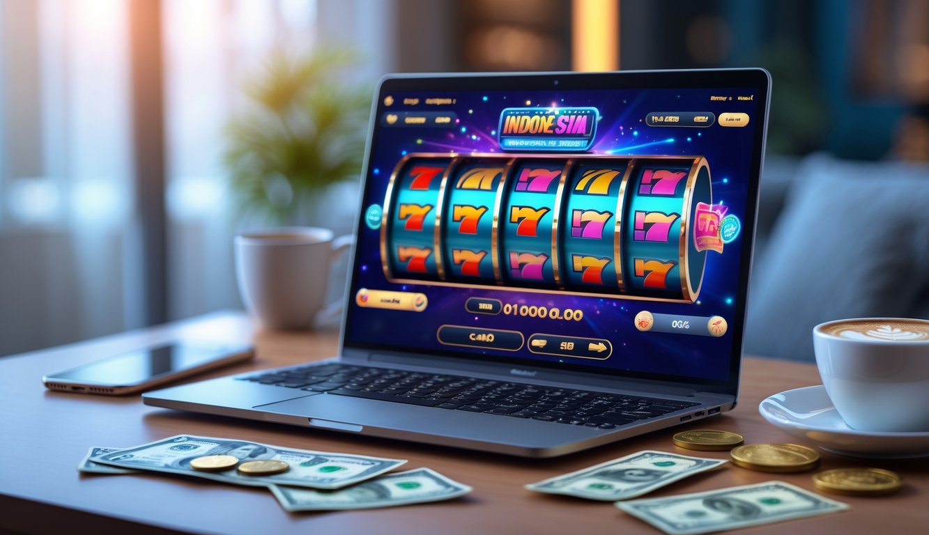 Seorang pria menggunakan laptop dengan permainan slot online di layar, di meja terdapat uang rupiah dan ponsel dengan aplikasi permainan slot.