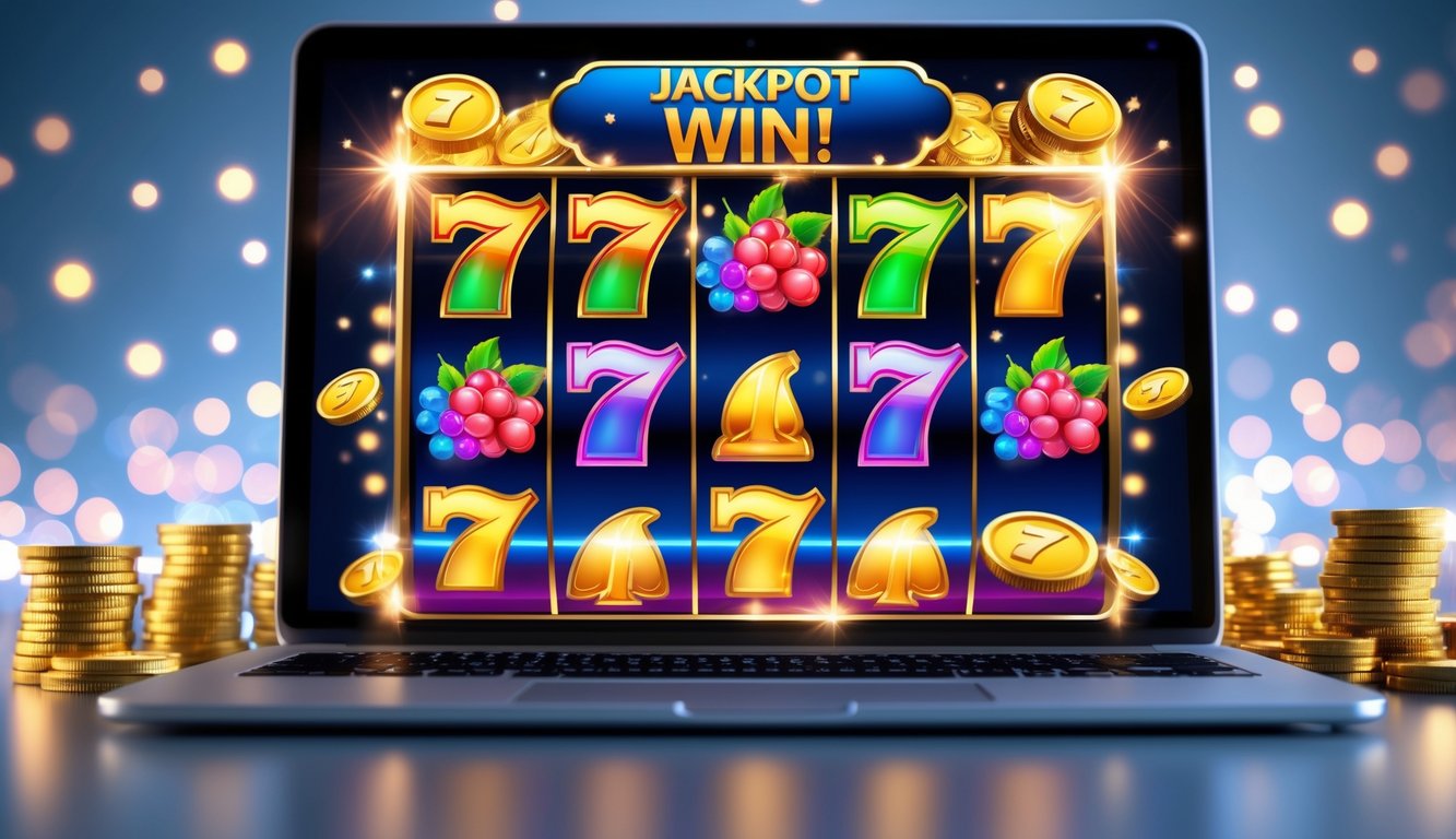 Layar komputer menampilkan mesin slot online dengan simbol berwarna cerah dan efek cahaya yang menonjolkan kemenangan jackpot.