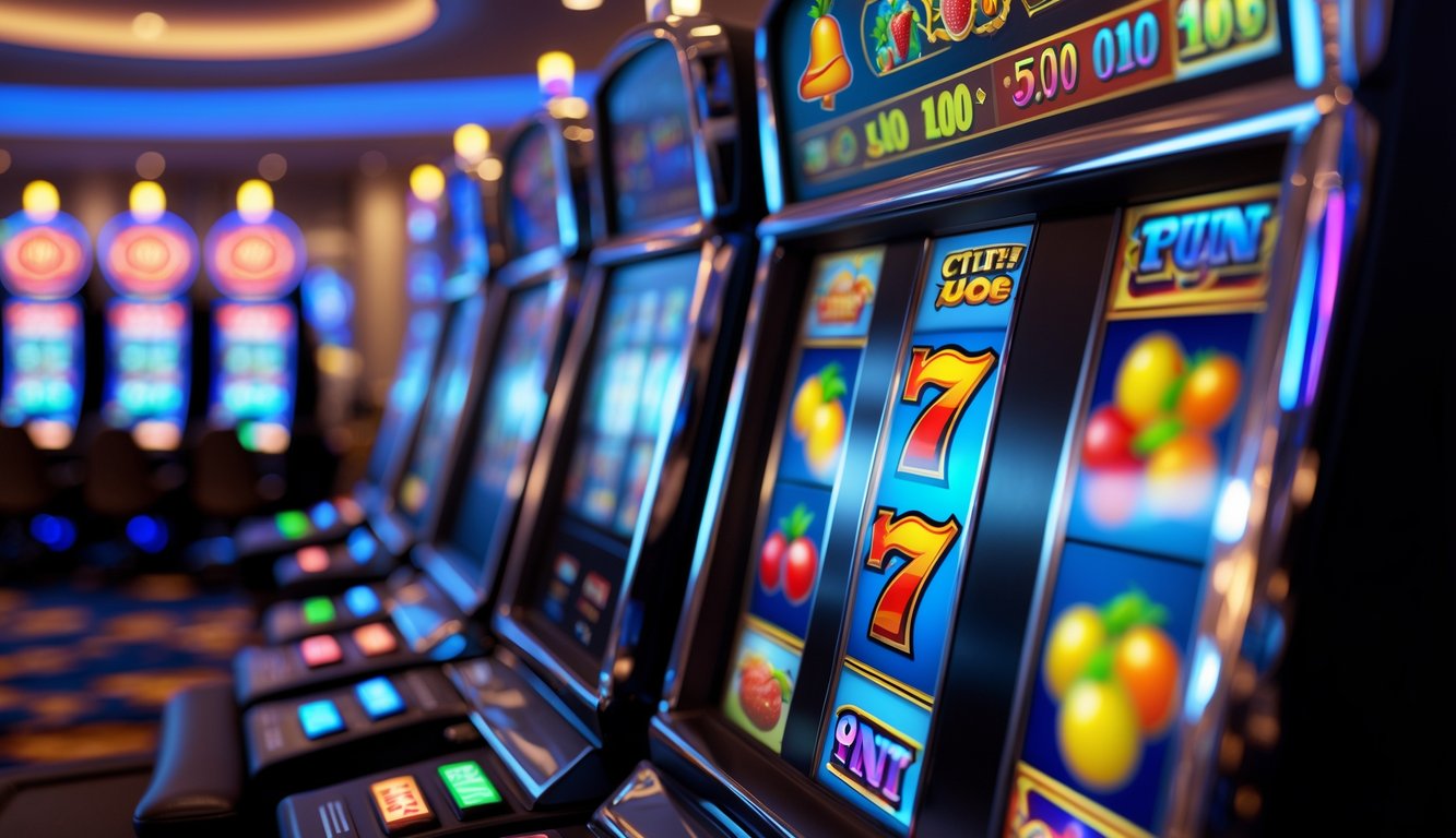 Sebuah perangkat digital menampilkan permainan slot online dengan latar belakang suasana kasino yang modern dan terang.