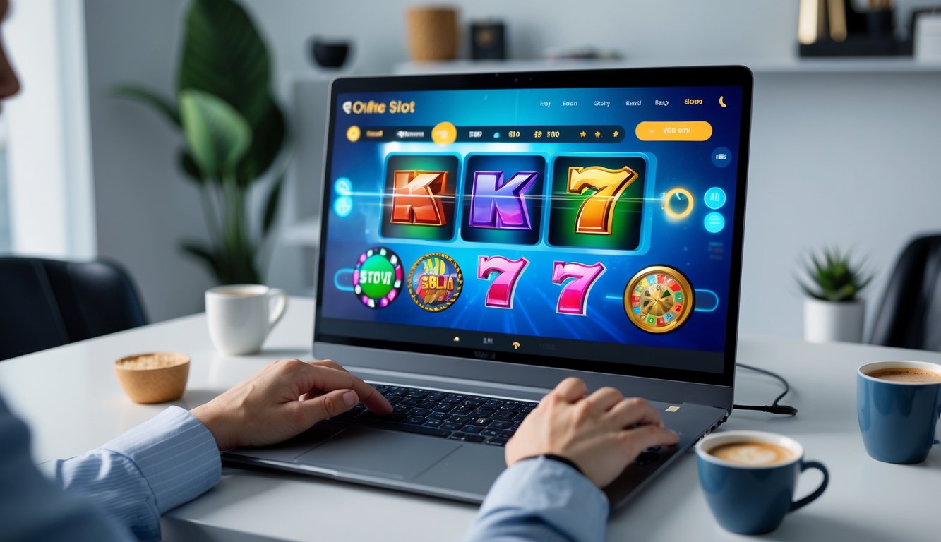 Seorang pengguna komputer menikmati permainan slot online dengan suasana santai dan nyaman di ruang kerja yang rapi.
