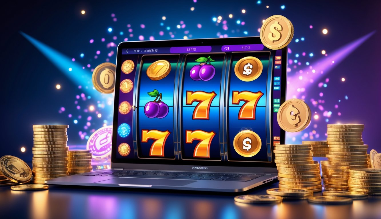Layar komputer menampilkan mesin slot online dengan simbol buah dan koin emas, dikelilingi tumpukan koin dan chip kasino.