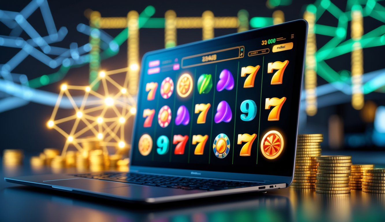 Suasana kasino modern dengan layar komputer menampilkan permainan slot online yang berwarna-warni dan simbol keberuntungan.