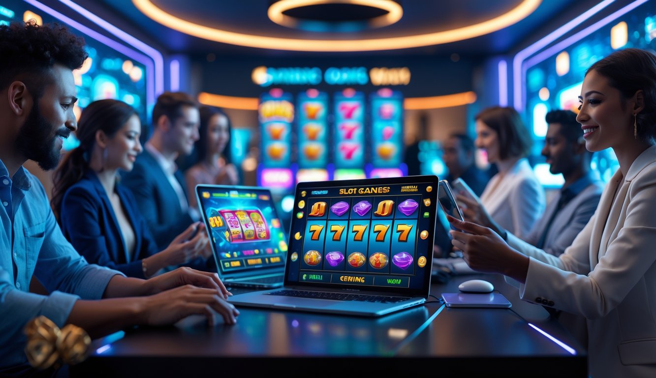 Beberapa orang menggunakan perangkat digital untuk bermain permainan slot online di ruangan modern yang terang.