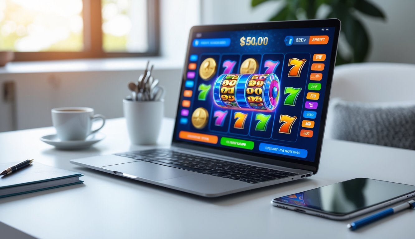 Seorang pria menggunakan laptop di meja kerja dengan permainan slot online tampil di layar komputer.