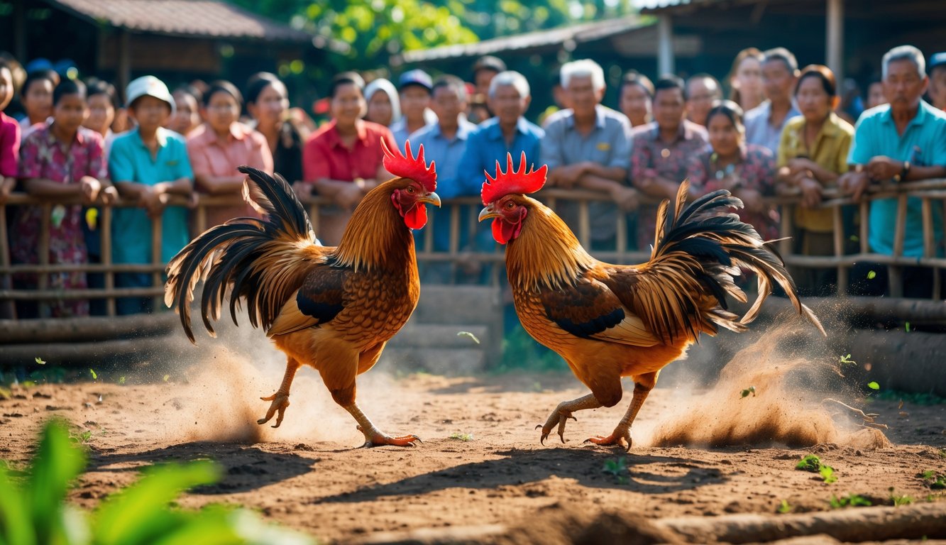 Dua ayam jago sedang bertarung di arena terbuka dengan penonton yang memperhatikan di sekitarnya.