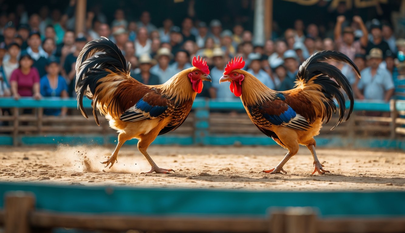 Dua ayam jantan sedang bertarung di arena sabung ayam dengan penonton di latar belakang.