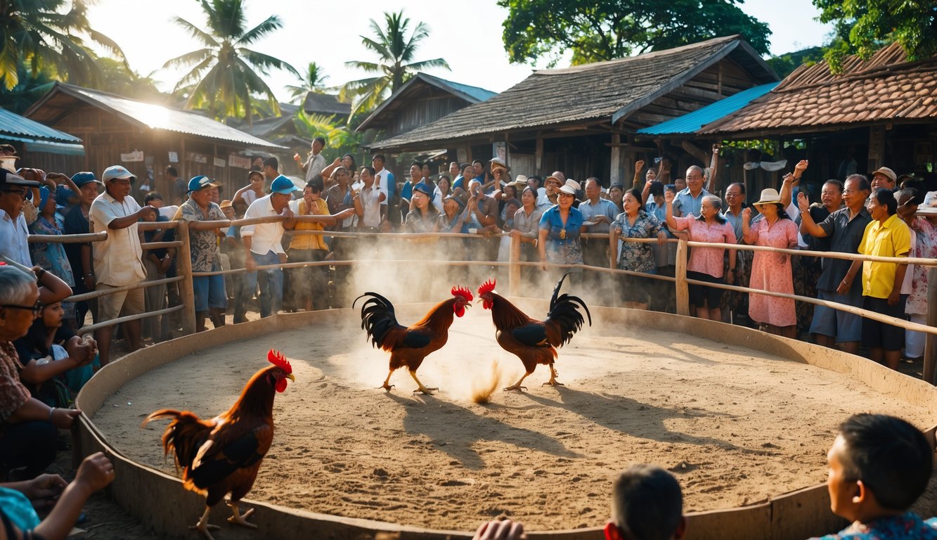 Dua ayam aduan sedang bertarung di arena tradisional Indonesia dengan penonton ramai di sekelilingnya.