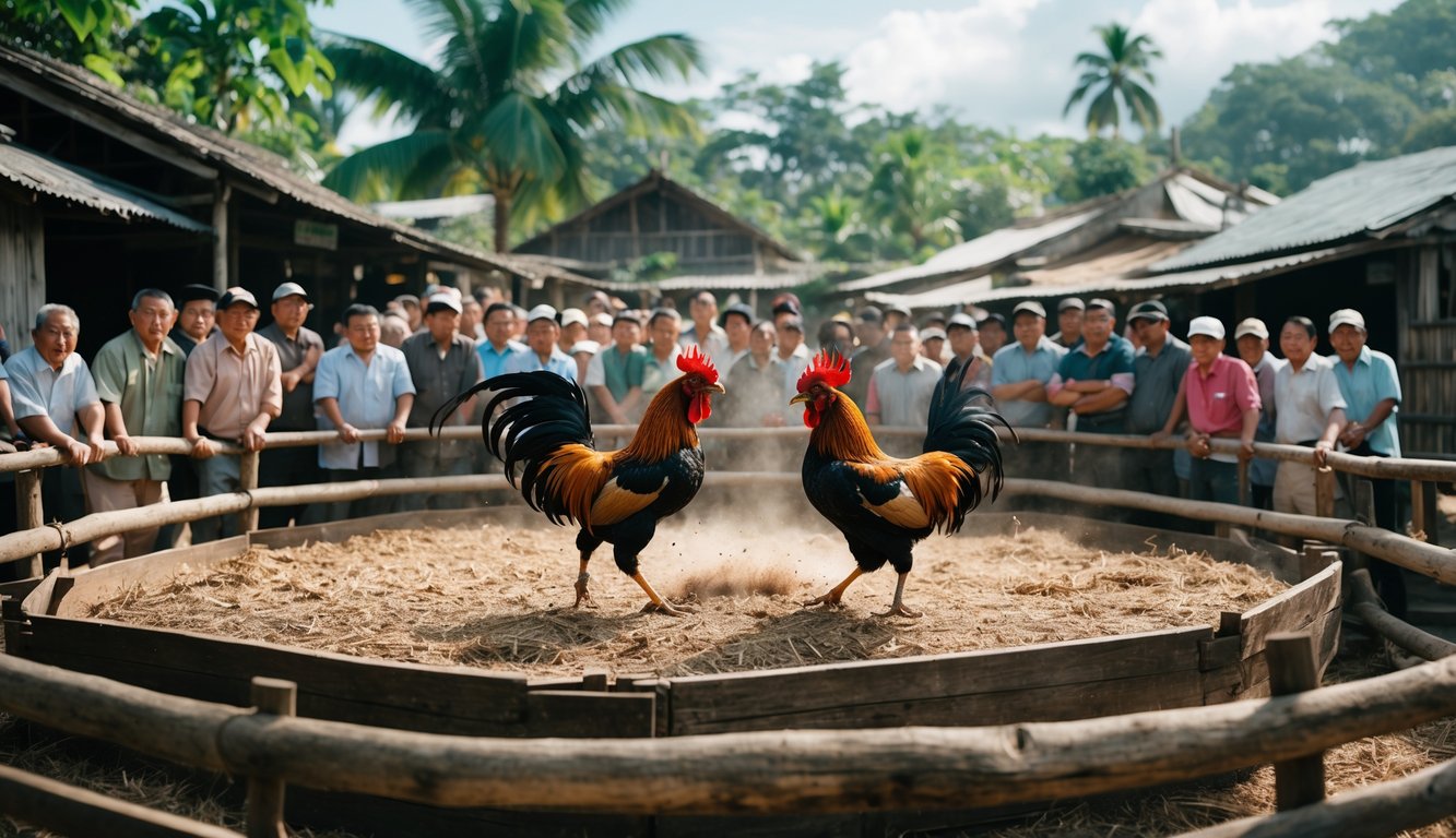 Dua ayam aduan sedang bertarung di arena kayu dengan penonton di sekelilingnya di desa tradisional.