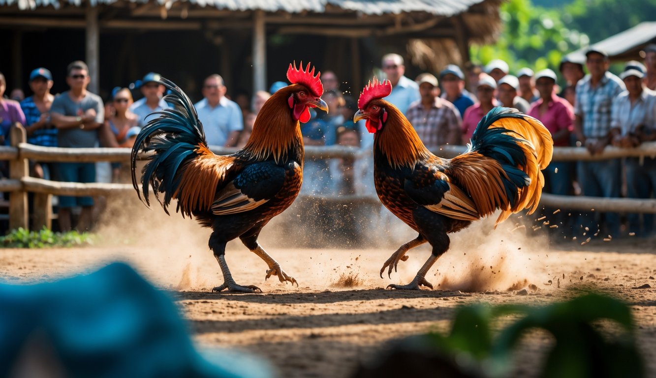 Dua ayam jago sedang bertarung di arena terbuka dengan penonton yang memperhatikan di sekeliling.