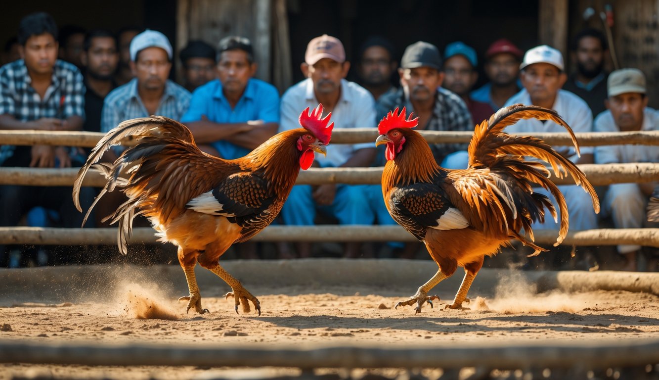 Pertarungan dua ayam jago di arena sabung ayam dengan penonton yang memperhatikan dengan serius.