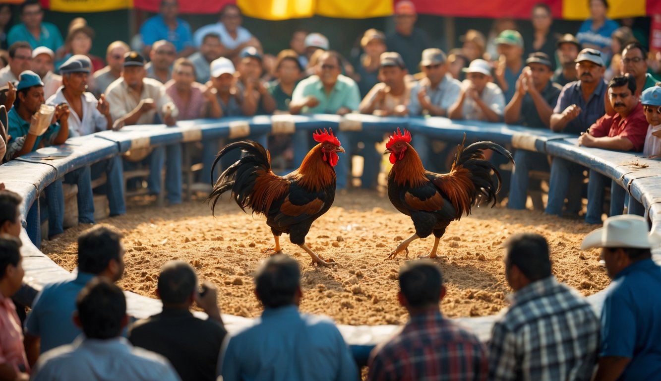 Dua ayam jago sedang bertarung di arena dengan kerumunan orang menonton dan suasana penuh semangat.