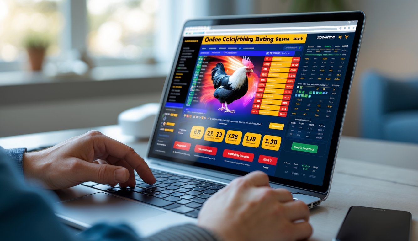 Seseorang menggunakan laptop dan ponsel untuk memasang taruhan sabung ayam secara online di ruang kerja modern.