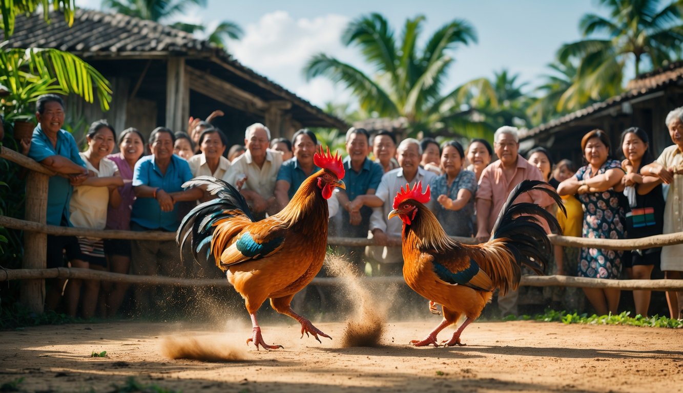 Dua ayam jago sedang bertarung di arena tanah dikelilingi oleh penonton yang antusias di lingkungan pedesaan dengan tanaman hijau dan rumah tradisional.