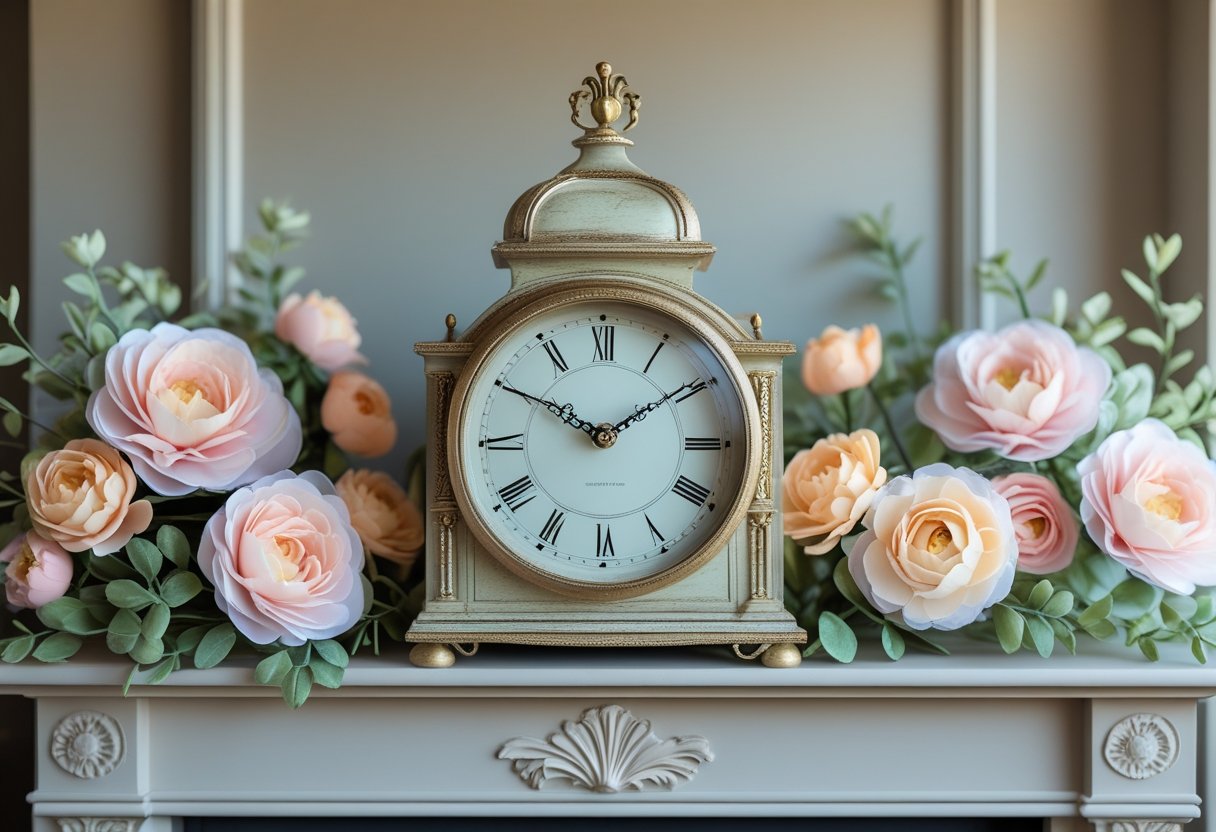 A vintage ornate clock displayed on a fireplace mantel surrounded by faux flowers.