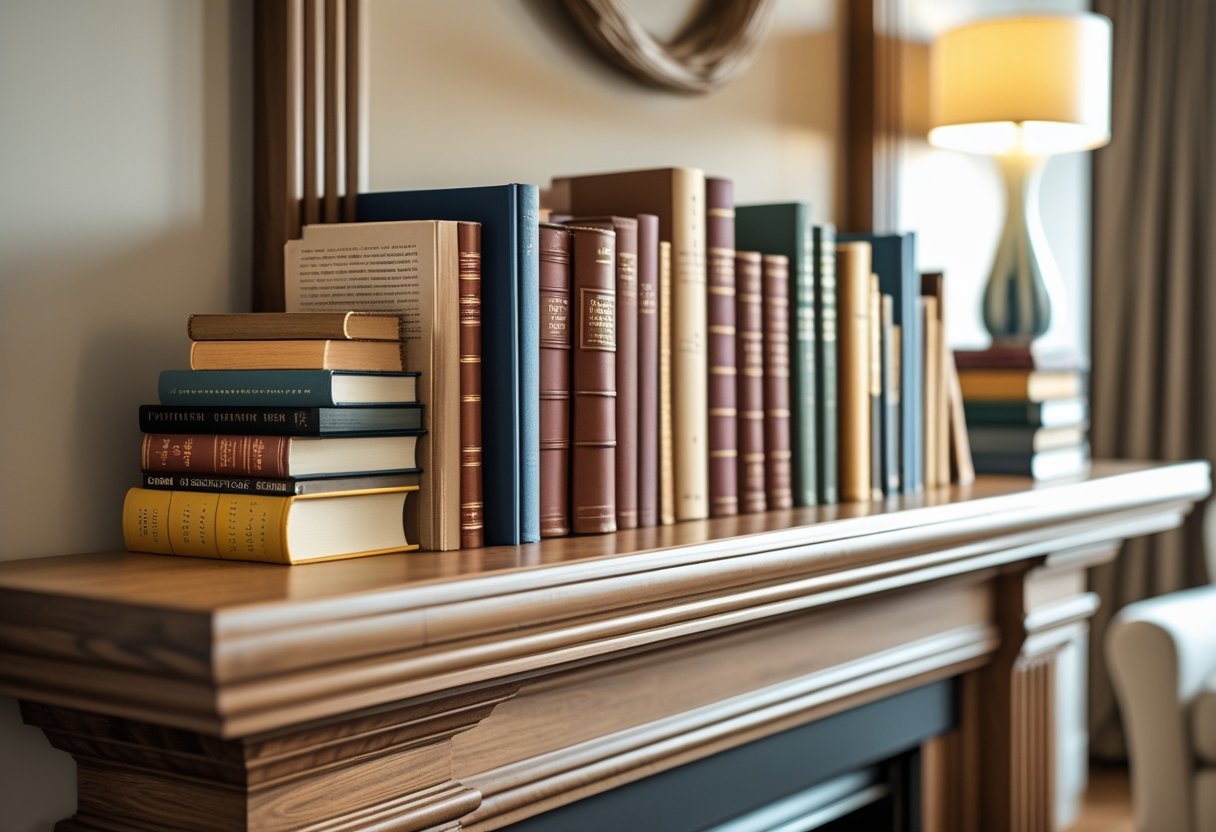 A fireplace mantel decorated with stacked books held by quirky bookends in a cozy living room.