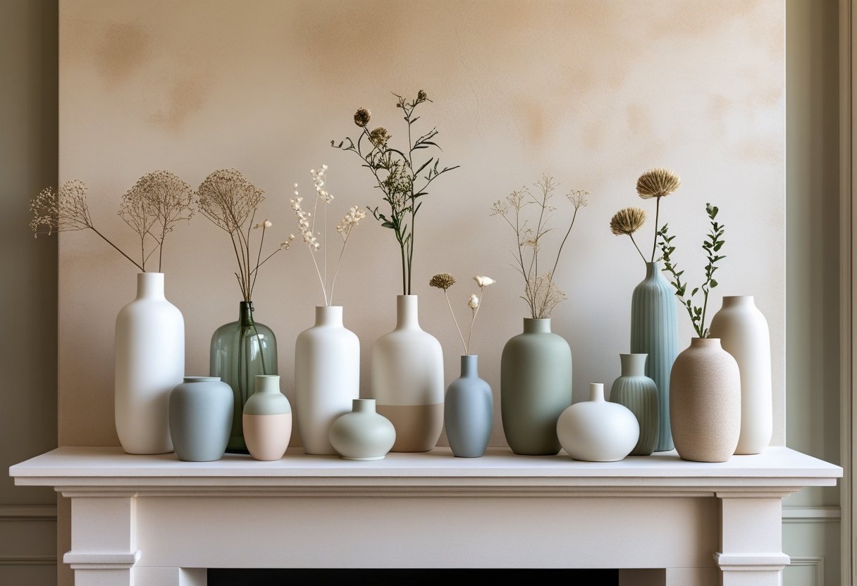A fireplace mantel decorated with a variety of vases in different heights and shapes, some holding dried flowers and greenery.