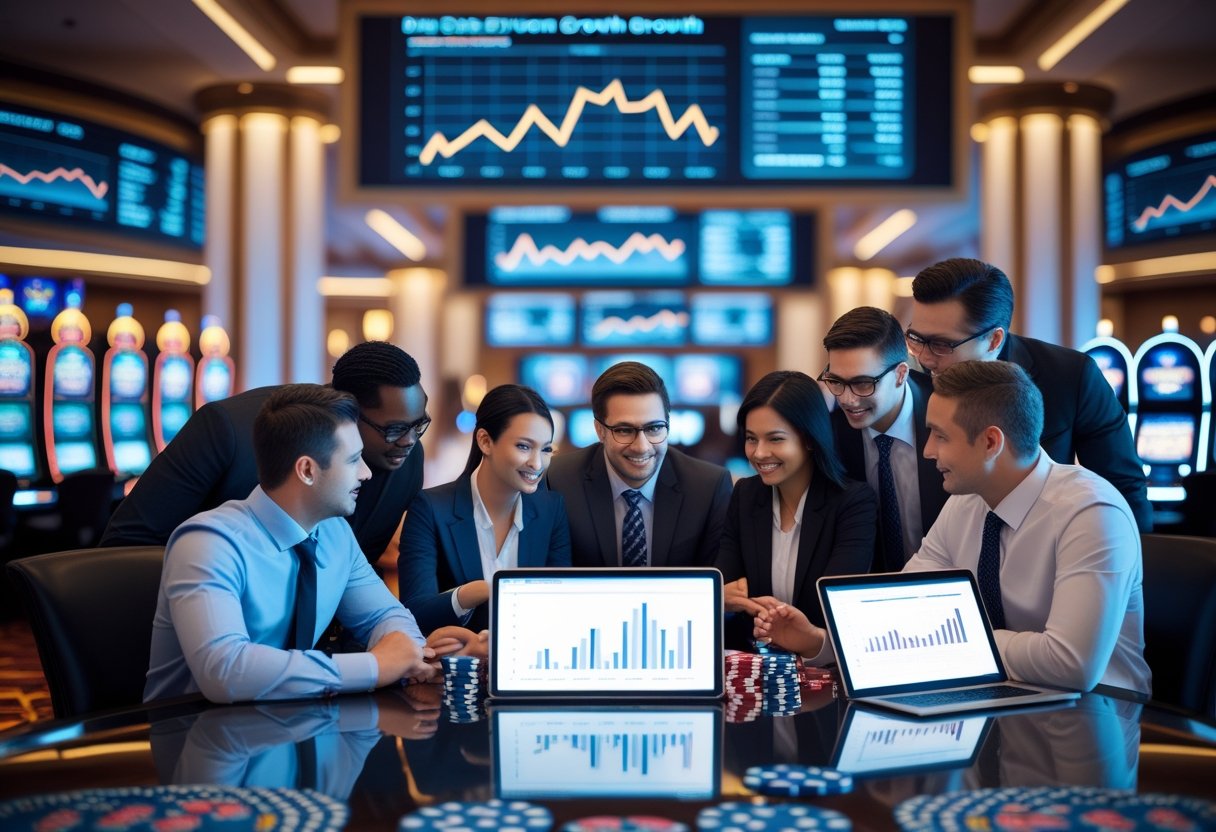 A group of business professionals discussing data and analytics in a modern casino