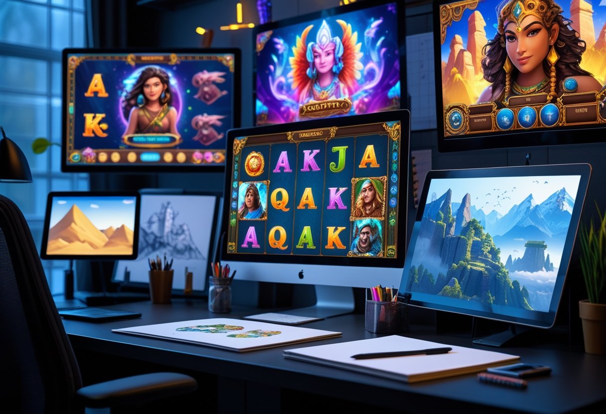 A designer's workspace with multiple screens showing colorful slot game art and sketches