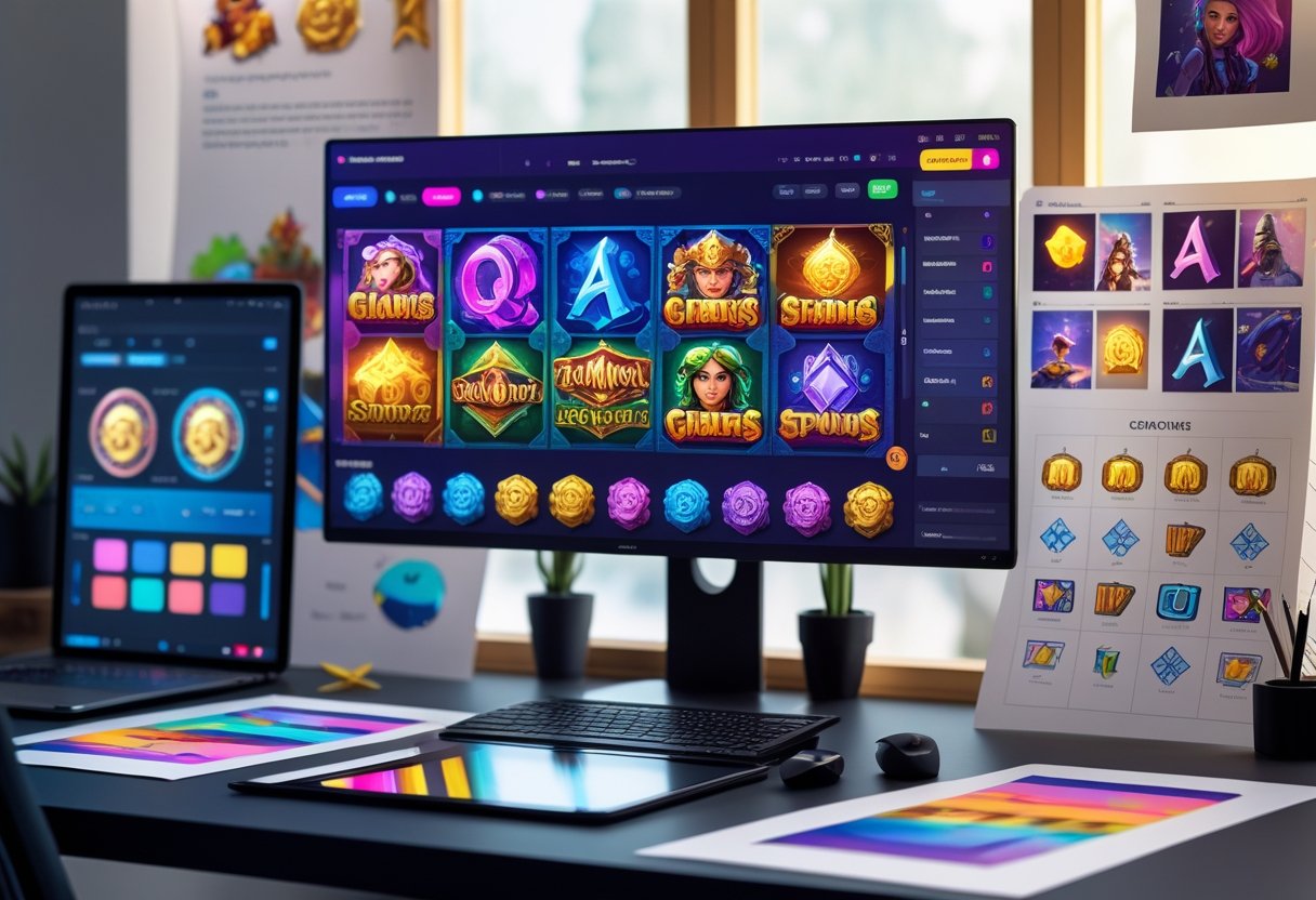 workspace showing a monitor with colorful slot game designs,