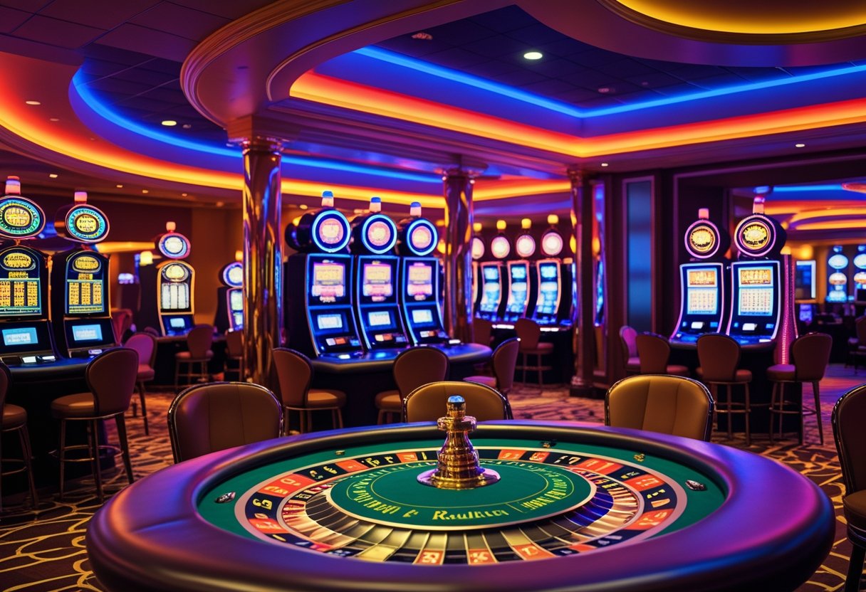 Interior of a casino with colorful neon lights