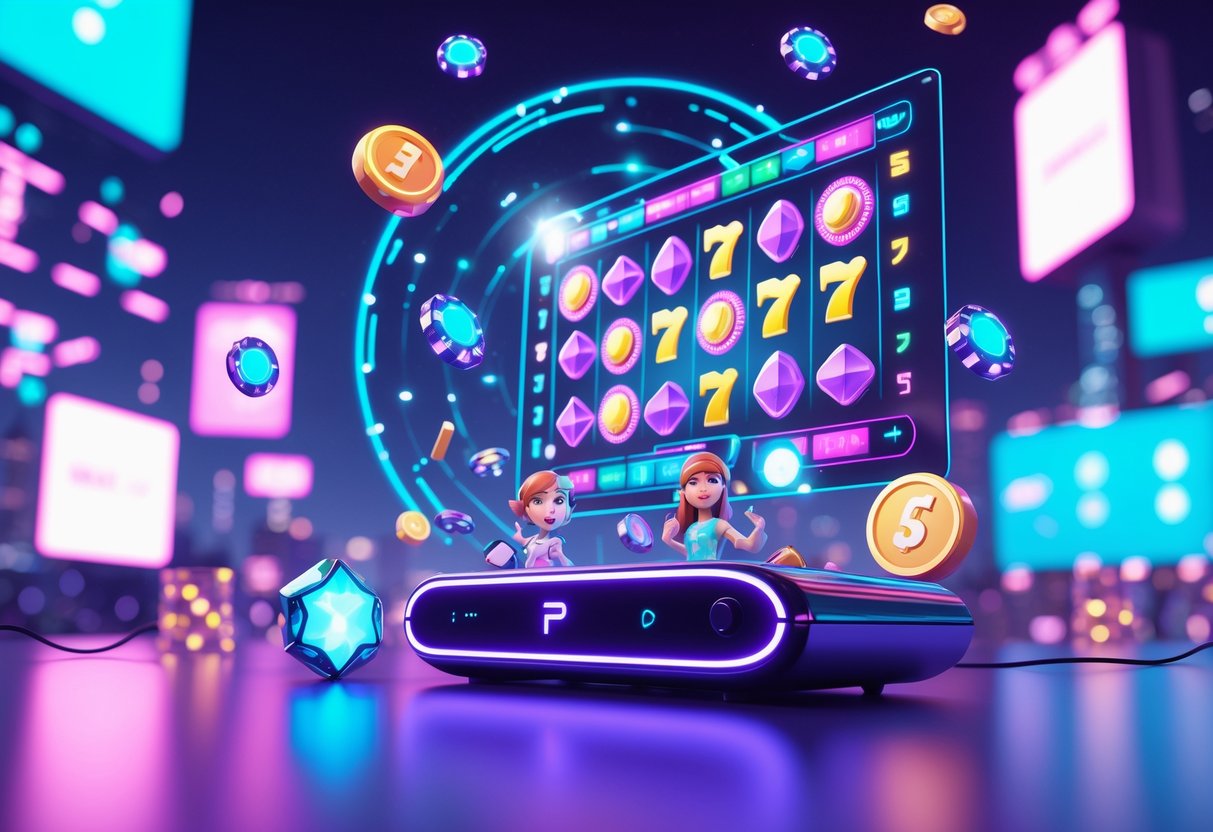 Adegan hiburan digital modern dengan konsol permainan futuristik dan elemen game berwarna-warni yang mengambang di sekitarnya.