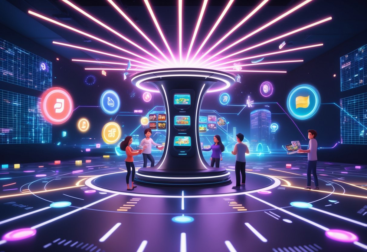 Pemandangan digital futuristik dengan pusat permainan berteknologi tinggi dan karakter digital yang bermain game di sekitarnya.