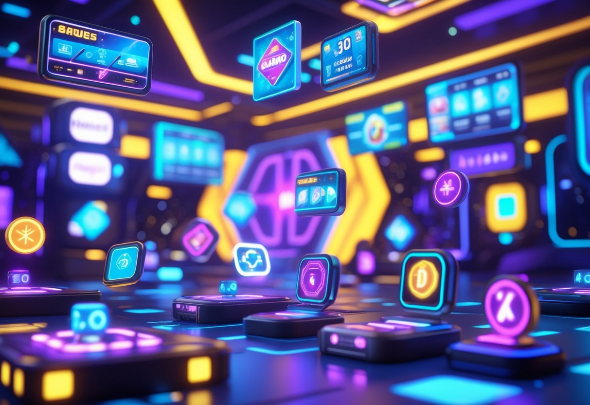 Suasana ruang game digital dengan lampu neon dan ikon permainan yang berwarna-warni mengambang di udara.