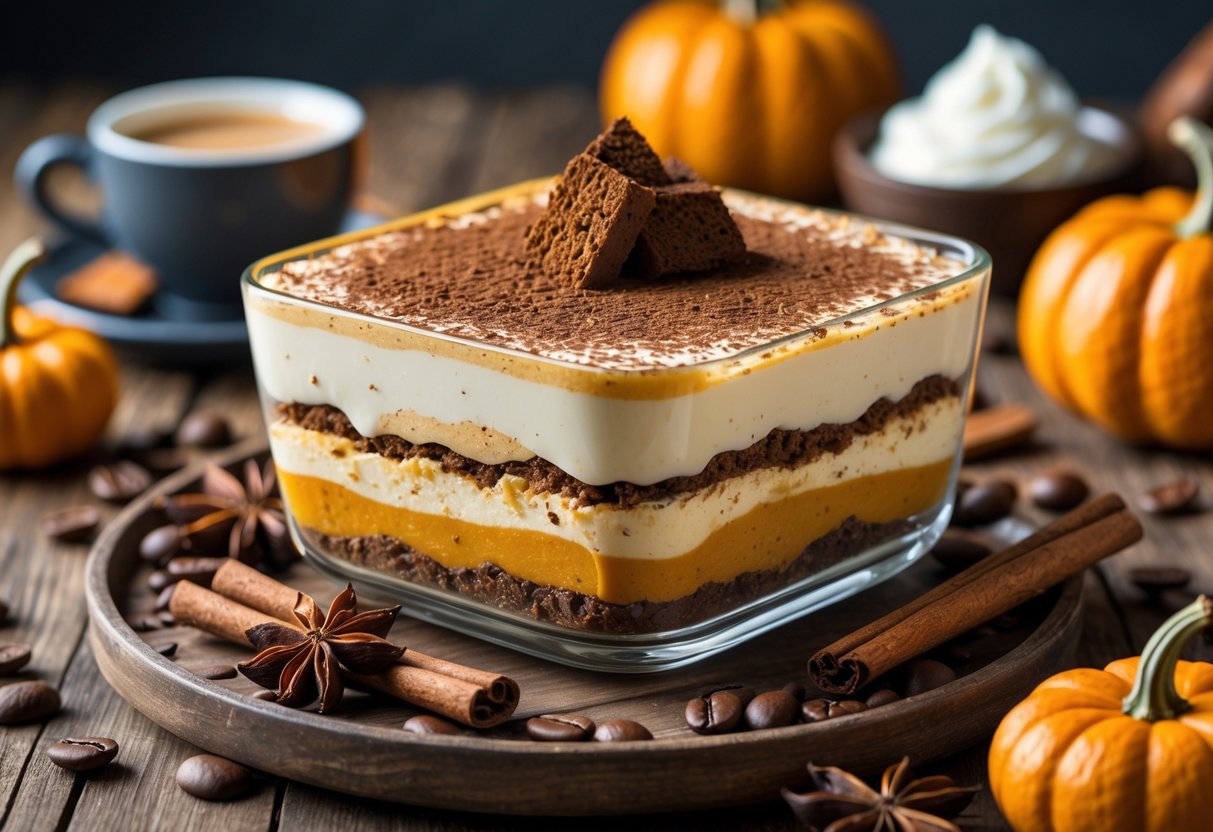A glass dish of layered pumpkin tiramisu dessert on a wooden table with cinnamon sticks and a small pumpkin nearby.