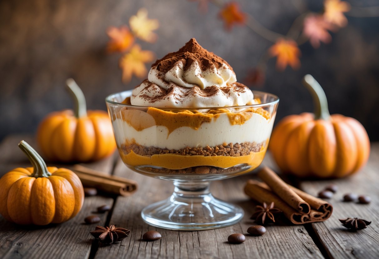 A layered pumpkin tiramisu dessert in a glass dish on a wooden table surrounded by small pumpkins, cinnamon sticks, and coffee beans.