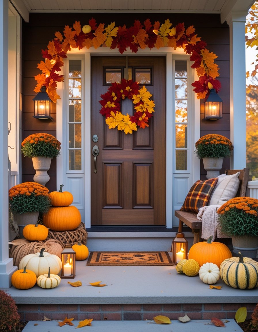 A front porch decorated with pumpkins, autumn leaves, flowers, and warm lighting, ready to welcome Thanksgiving guests.