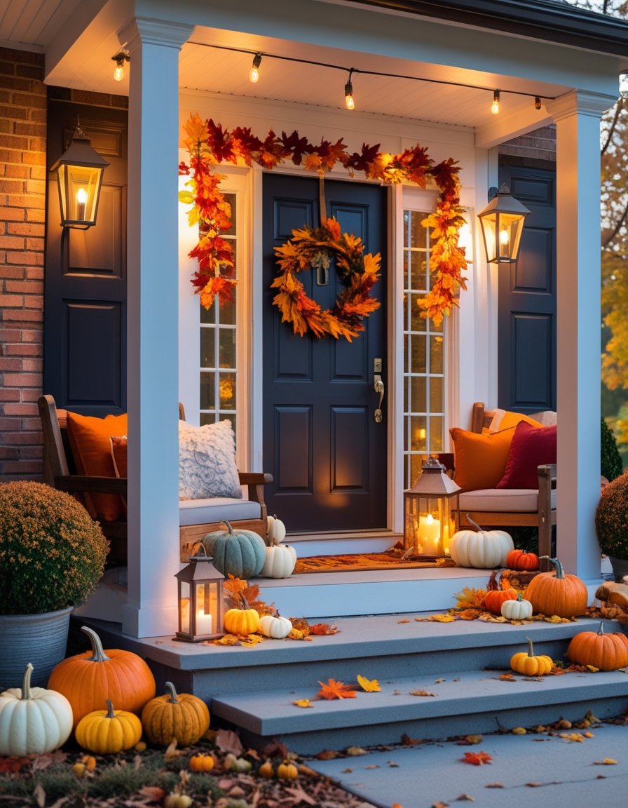 A front porch decorated with pumpkins, fall leaves, a wreath on the door, and cozy seating, ready to welcome guests.