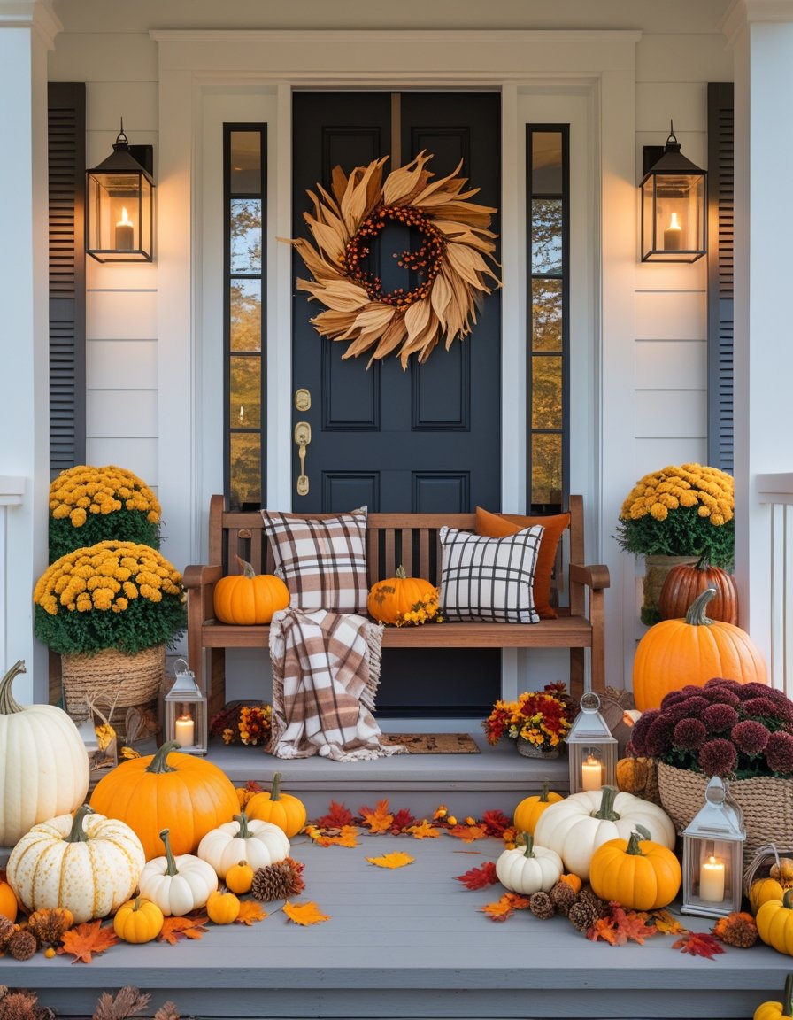 Front porch decorated with pumpkins, autumn leaves, lanterns, a wreath on the door, and potted flowers for Thanksgiving.