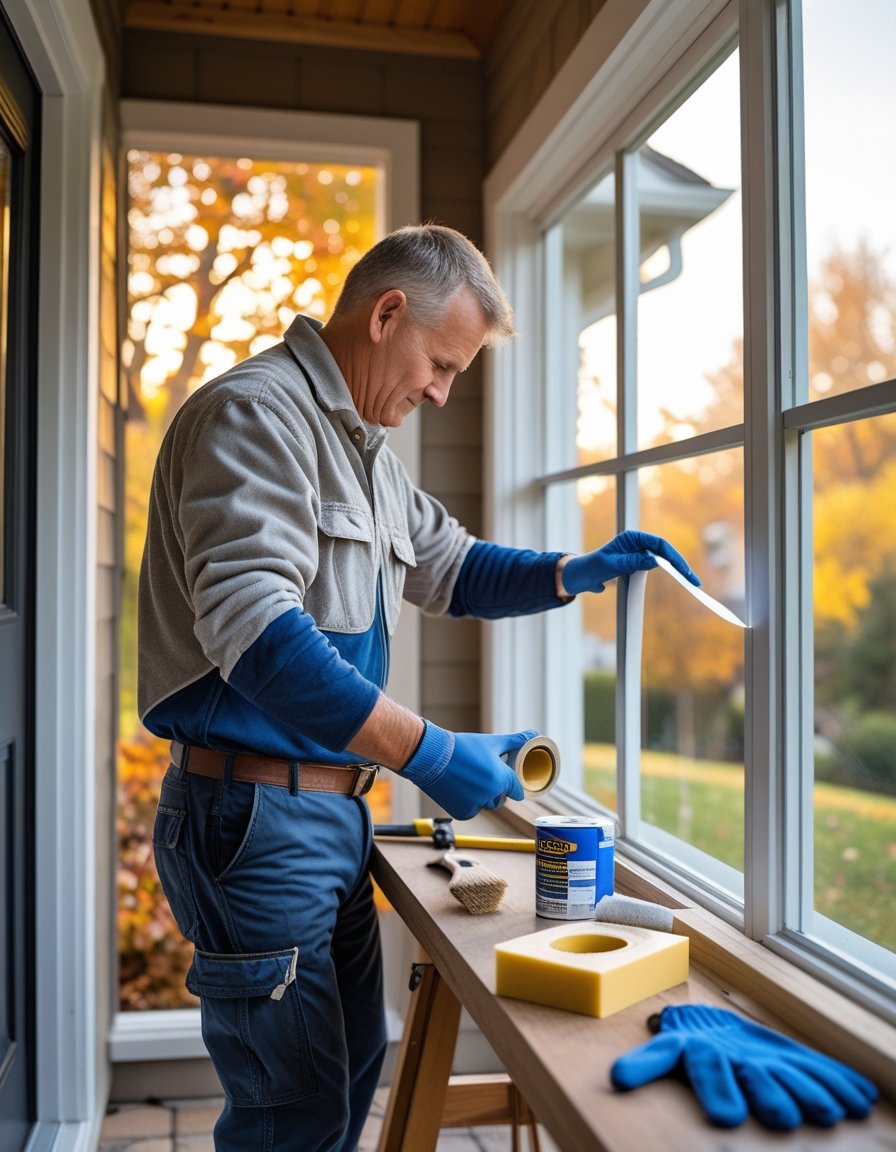 Person applying weatherstripping tape to house windows outside during autumn.